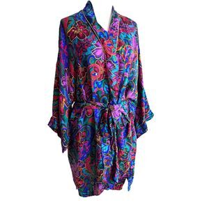 Vintage 90s Victoria’s Secret 100% Silk Kimono Robe O/S Floral Belted Gold Label